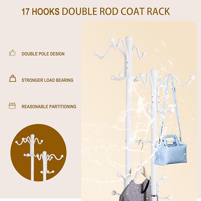 Metal Coat Rack with 17 Hooks, Double-pole Freestanding Coat Racks, Modern Coat Rack Stand and White Standing Coat Tree Holder Stand for Entryway