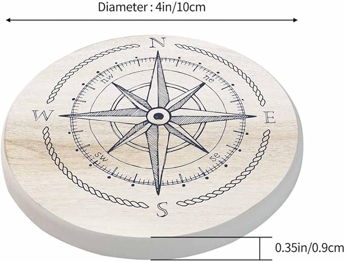 Compass Wind Rose Coaster for Drinks Individual Vintage Marine Geography Exploration Sign Wooden Background Presents for Housewarming Birthday and Family 100% Diatomite 4''X 4'',2 Pack