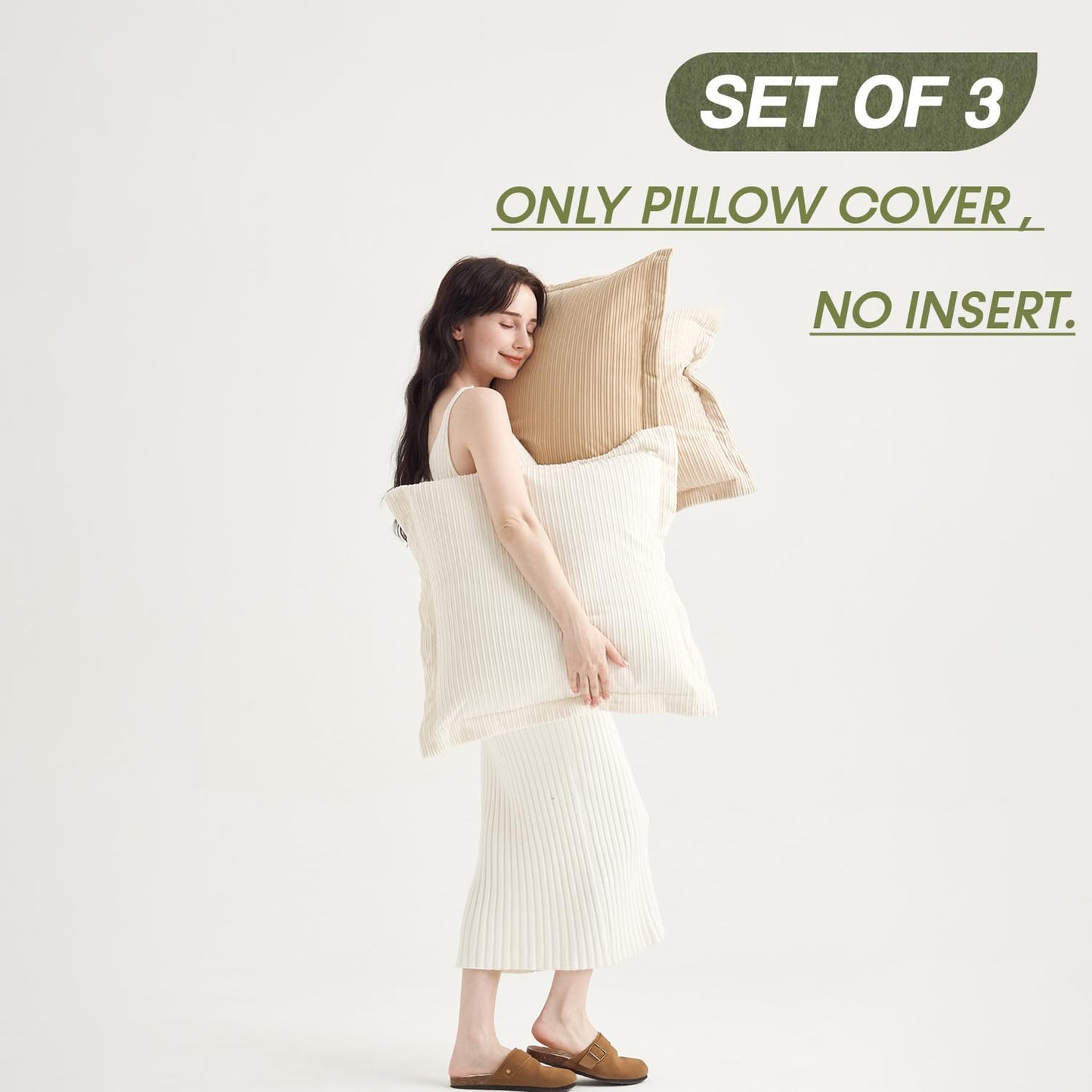 Pack of 3 Large Throw Pillow Cases 24x24inch, Soft Striped Corduroy Neutral Earth Tones Pillow Covers for Sofa, Cozy Decor for Bedroom, Lounge, Outdoor Settings（Camel, Beige & White）