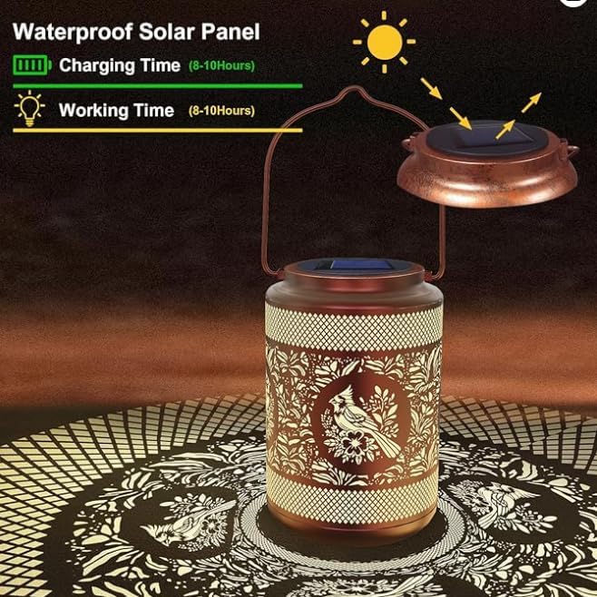 Solar Lantern with Hollow Metal Design, Garden Hanging Light, Copper Color for Outdoor Yard,Patio,Garden Decor (1)