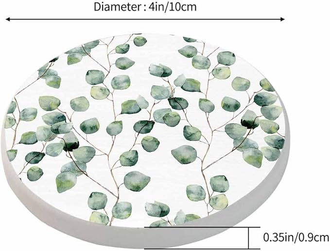 Eucalyptus Round Leaf Coasters Set for Wood Table Green Branches and Leaves Twig Natural Plant Foliage Tabletop Protection Mat for Mugs and Cups 4 Inch for Kitchen Office Home
