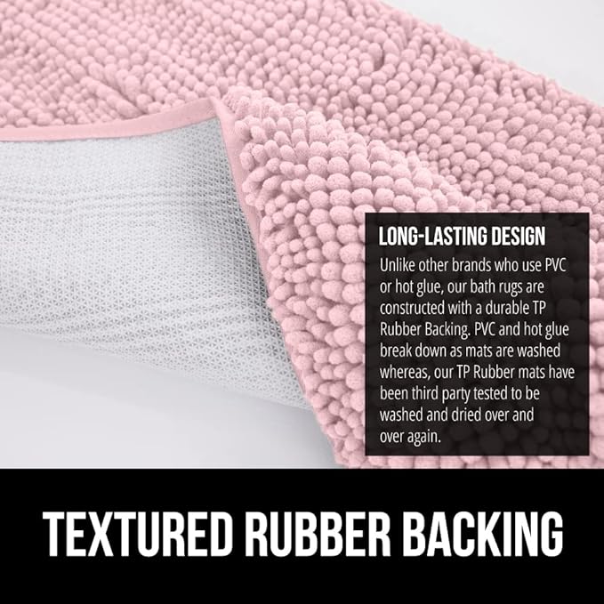 GORILLA GRIP Bath Rug Mat 44x26, Soft Absorbent Chenille, Quick Dry Microfiber Mats, Rubber Backing Washable Shower Floor Rugs, Bathmat Runner, US Designed Bathroom Home Decor Accessories Light Pink