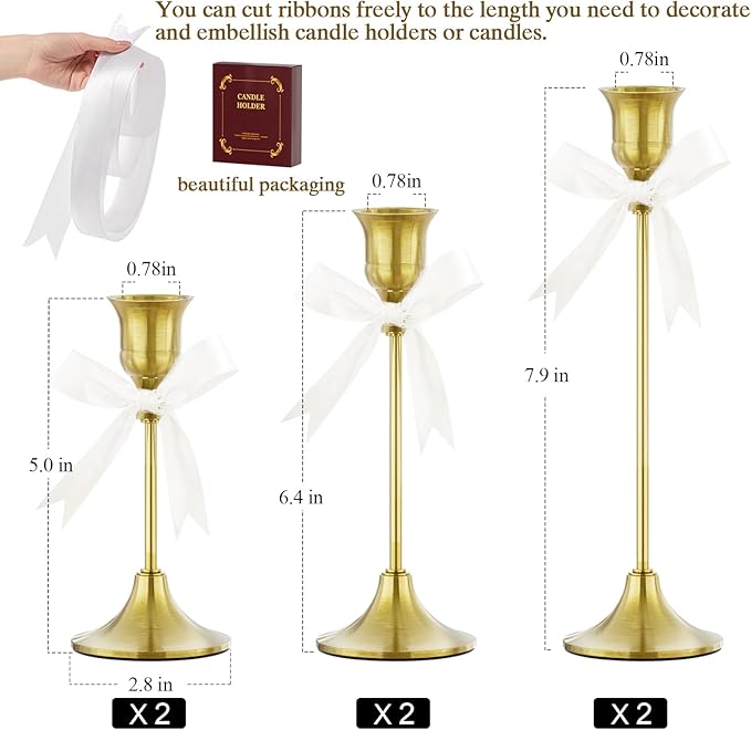 FSyueyun Brass Candlestick Holders Set of 6, Elegant Metal Candlestick Holders for Vintage Taper Candle Holders, Perfect for Table Centerpieces, Fireplace, Home Decor, Weddings and Party Decorations