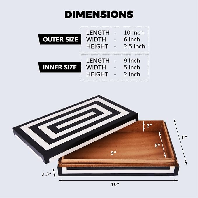 Handicrafts Home Large Decorative Storage Box with Lid – 10x6x2.5” Coffee Table Organizer, Keepsake- Decorative Boxes for Home Decor, Stylish Decorative Box for Office Decor- Concentric - Black White