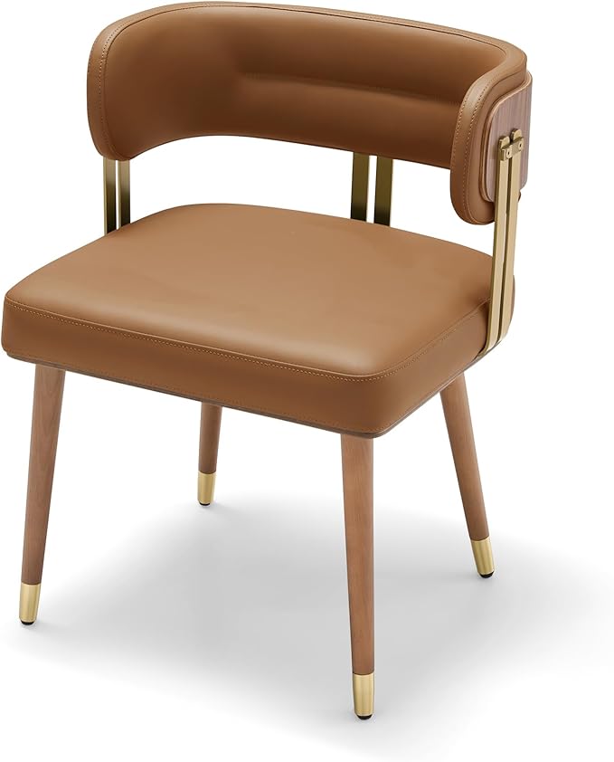 Modern Mid-Century Upholstered Leather Dining Chairs with High-Resilience Foam, Walnut Wood Veneer&Gold Metal Legs,Dining Chairs with Anti-Slip Pads,Light Brown