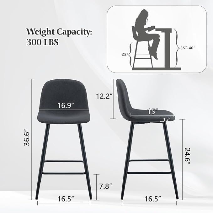 Grey Barstools Set of 2, 24.6" Counter Height Bar Stools with Back & Metal Footrest, Modern Island Chairs Set of 2 for Kitchens Island Home Bar