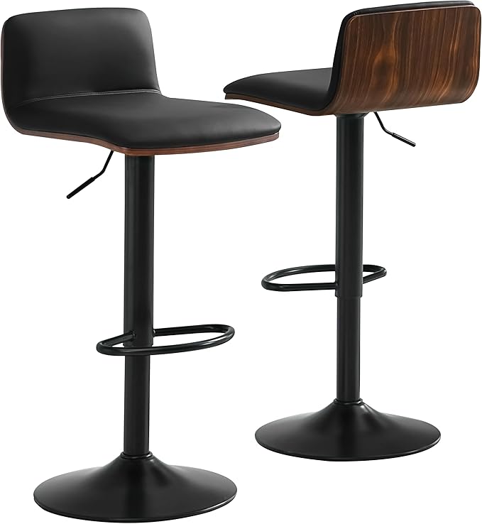 Set of 2 Swivel Bar Stools Adjustable Height, Faux Leather Barstools with Wooden Back and Footrest, Counter Height Bar Height Chairs for Kitchen Island, Dining Room, Black