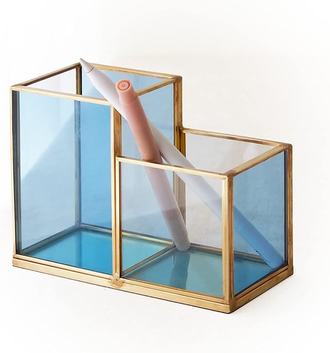 Gold & Blue Glass Desk Organizer - Elegant Office Decor, Aesthetic Makeup Brush Holder, 2-Compartment Pen Holder, Pencil Cup, Vanity & Cosmetic Storage, Desk Accessories for Women