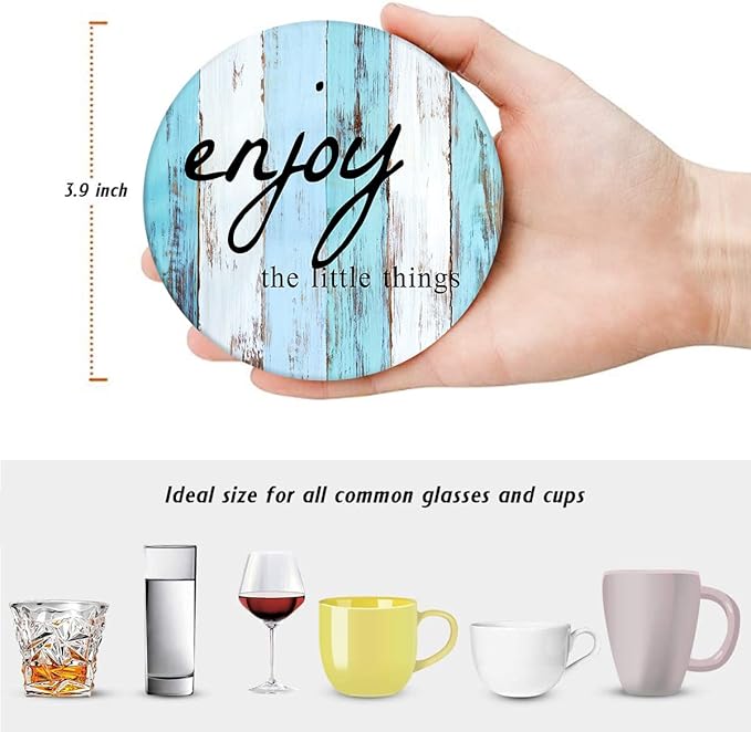 Britimes Coaster for Drinks Set of 6, Old Vintage Blue White Wooden Table Absorbent Round Ceramic Stone Mat, with Cork Base and Metal Holder, Gift for Housewarming Room Bar Decor