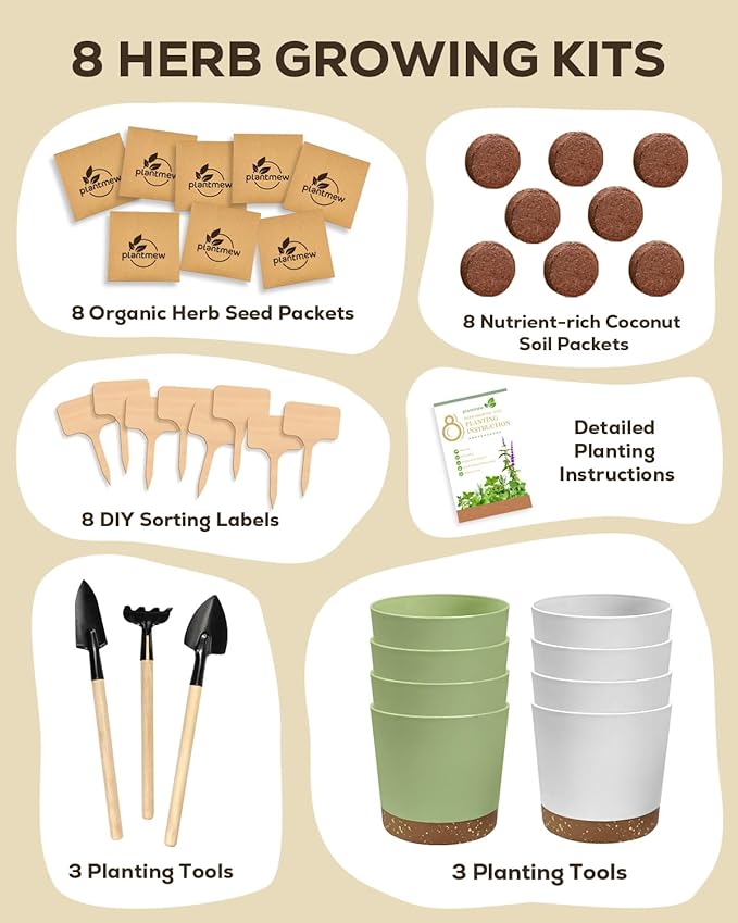 8 Herb Garden Kit - Non-Toxic BPA-Free Pots, Organic Seeds & Complete Growing Set - Elegant Indoor Herb Planter for Kitchen, Unique Housewarming & Birthday Gifts for Women, Mom, Retirement