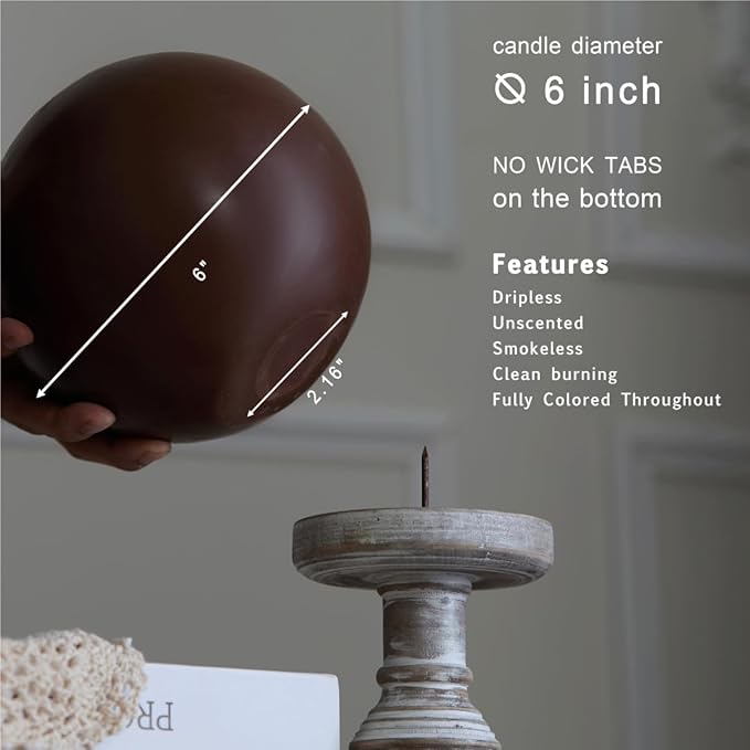 MOZEAL Hand-Poured, 6 Inch Brown Large Round Ball Candles - Elegant Brown Round Pillar Candles, Dripless, Unscented, Smokeless, Ideal for Autumn Gatherings.