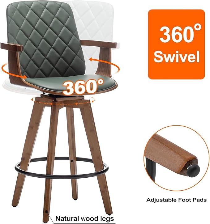 Bar Stools Set of 2, Upholstered Faux Leather Counter Height Bar Stools, Swivel Barstools with Wooden Arms and Legs (Green, 30" Seat Height)