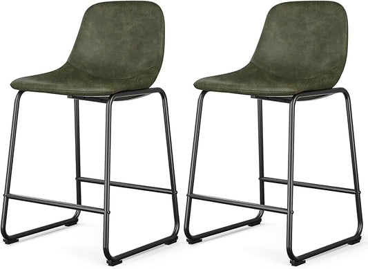 Rfiver Pu Faux Leather Bar Stools Set of 2, Industrial Pub Barstools with Back and Footrest, Modern Armless Bar Height Stool Chairs (Green, 24" Counter Chair x2)