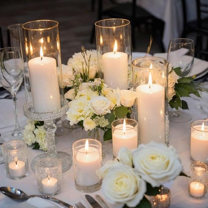 24 Pcs White Pillar Candles and Glass Candle Holders, Clear Cylinder Vases Pillar Candle Holders for Pillar Candles, Hurricane Candle Set for Wedding Party, Event, Home Office Decor