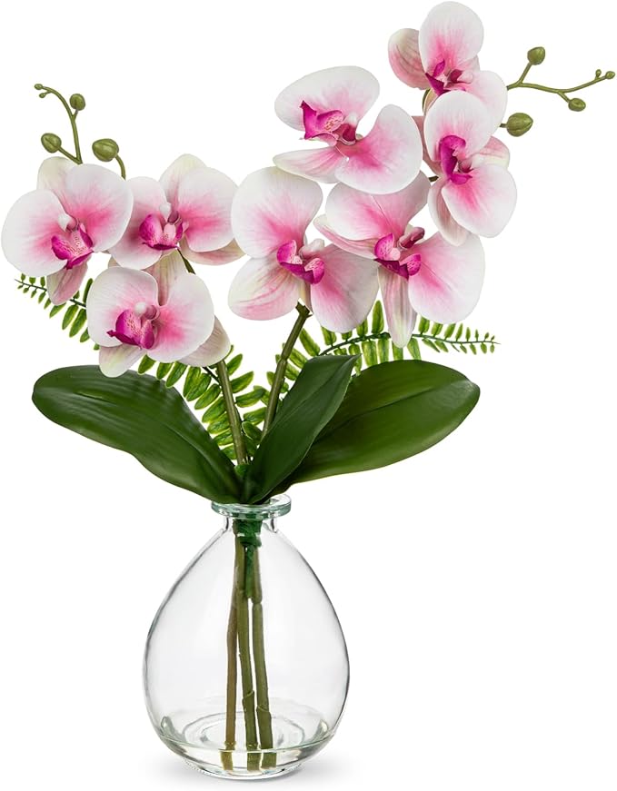 Pink Orchids Artificial Flowers, Faux Orchid in Glass Vase Real Touch Small Phalaenopsis Orchid Flowers Arrangements with Clear Vase Orchid Centerpiece for Dining Room Table