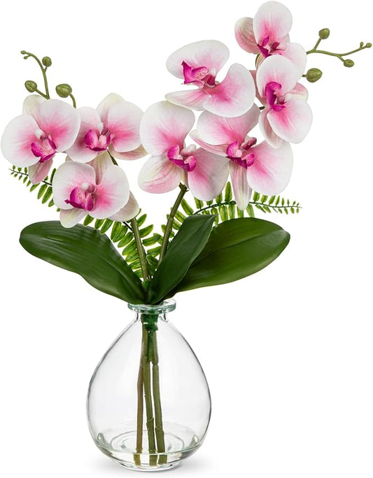 Pink Orchids Artificial Flowers, Faux Orchid in Glass Vase Real Touch Small Phalaenopsis Orchid Flowers Arrangements with Clear Vase Orchid Centerpiece for Dining Room Table