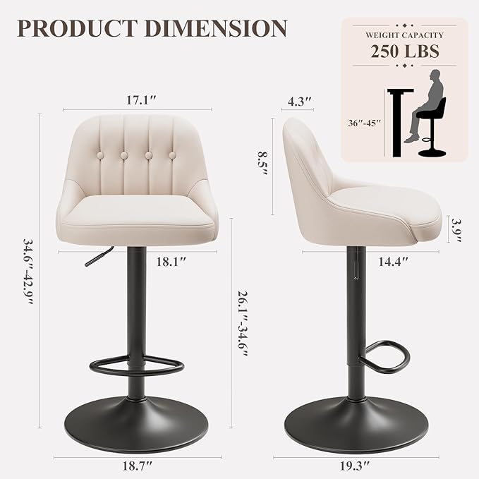 Bar Stools Set of 2, Swivel Bar Chairs, Modern Adjustable PU Leather Upholstered Barstools Counter Height with Tufted Back for Bar, Kitchen Counter Island, Dining Room, Beige