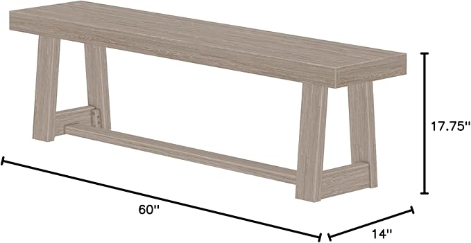 Plank+Beam 60 Inch Farmhouse Dining Bench, Solid Wood Entryway Bench, Wooden Outdoor Bench, Kitchen Dining Seat, Dining Room, Home Office, Living Room Furniture, Easy Assembly, Seashell Wirebrush