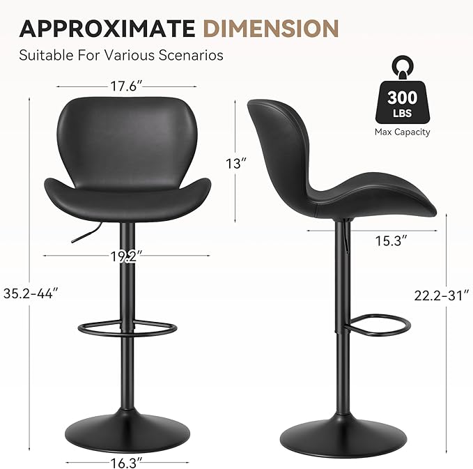 Nalupatio Swivel Bar Stools Set of 2,PU Leather Upholstered Barstools with Back & Footrest, Seat Adjustable Height 22.2-31IN Counter Height Bar Chairs for Bar Kitchen Island,Black