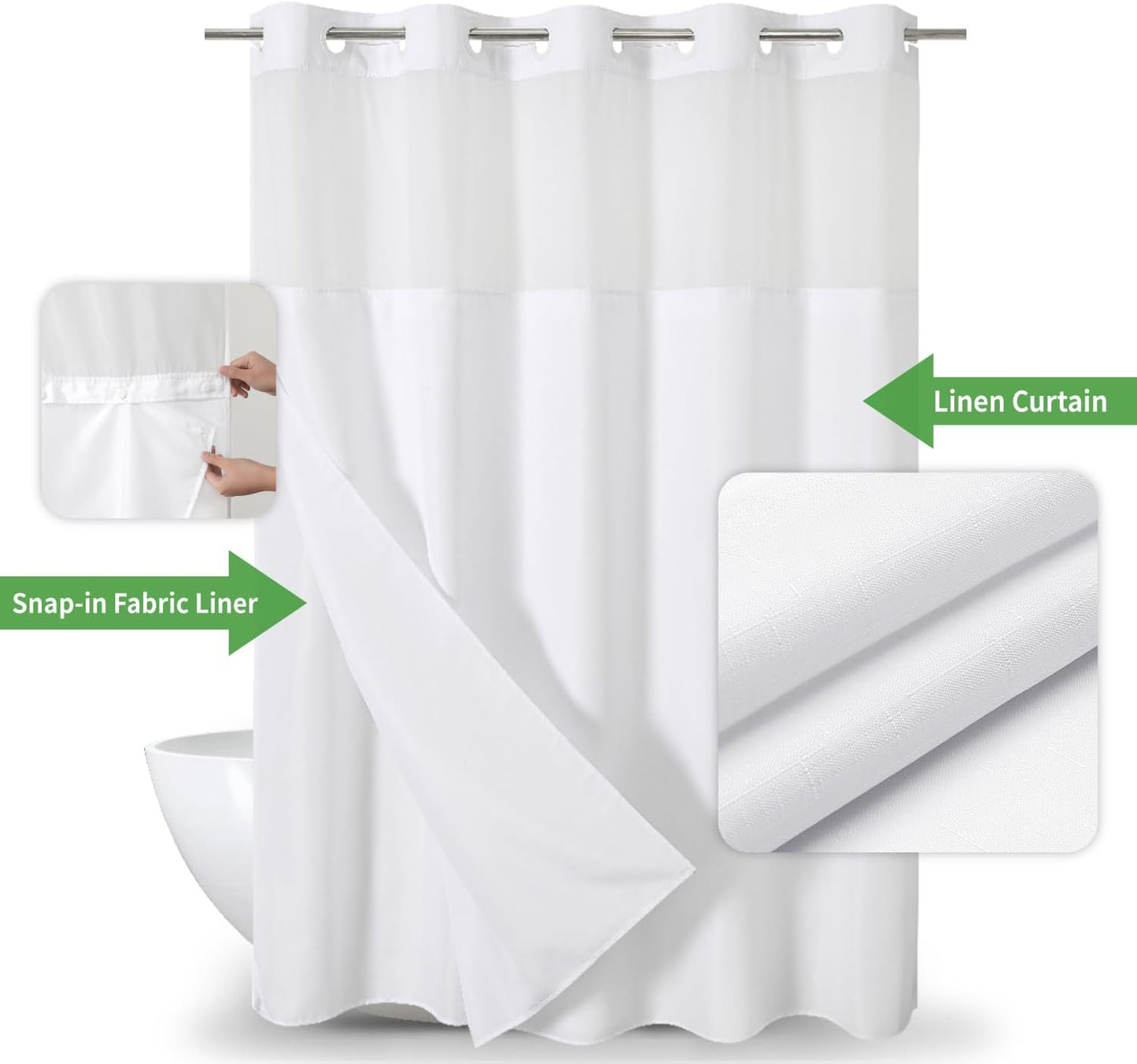 Long No Hooks Needed Linen Textured Shower Curtain with Snap-in Fabric Liner Set,White Hotel Luxury Decor Shower Curtains for Bathroom,Waterproof & Washable,71Wx80H