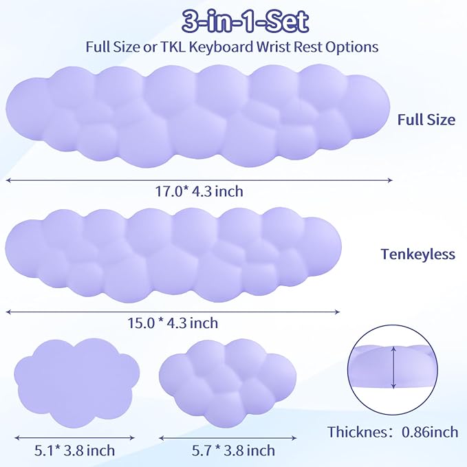 Cloud Wrist Rest Keyboard, Cloud Keyboard Wrist Pad Set with PU Leather Memory Foam, Cute Arm Rest for Palm Support, PC/Gaming Desk Accessories/Office Setup/Computer Hand Cushion - Purple