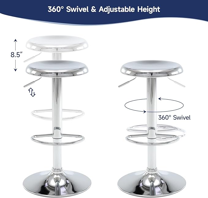 Bar Stools Set of 2, Adjustable Height Swivel Bar Stools, Metal Airlift Barstools, Backless Counter Height Bar Chairs for Kitchen Dining Room Pub Cafe (Silver)