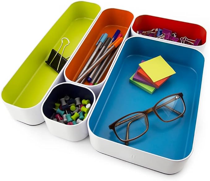 Three by Three Seattle 10 Piece Metal Organizer Tray Set for Storing Makeup, Stationery, Utensils, and More in Office Desk, Kitchen and Bathroom Drawers (2 Inch, Assorted Colors)