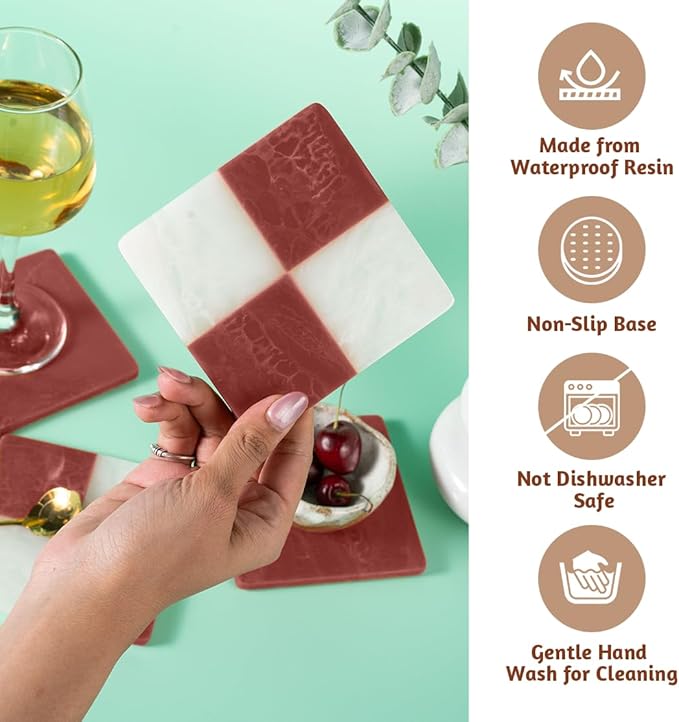 Folkulture Coasters Set of 4 | (4") Fall Coaster for Coffee Table | Burnt Red Coasters for Drinks | Cute Cup Coaster Waterproof for Bar Decor or Living Room Decor | Fall-Decor or Fall Table Decor