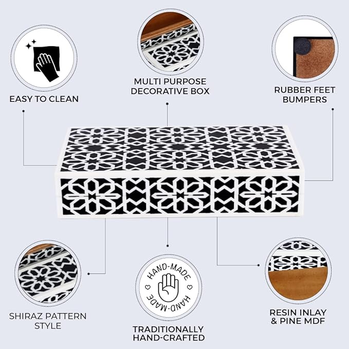 Handicrafts Home Small Decorative Box with Lid – 6x8x1.5” Trinket, Remote Control & Keepsake Memory Box, Decorative Accent for Coffee Table, Shelf, Mantle & Boho Home Decor Shiraz- Black White