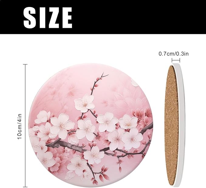 Drinking Coasters with Holder Round Water Absorbent Marble Ceramic Coasters Tabletop Protection(Cork Base),Blooming Pink Cherry Blossom Flowers,Suitable for Various Mugs,Home Decor，4 Inch