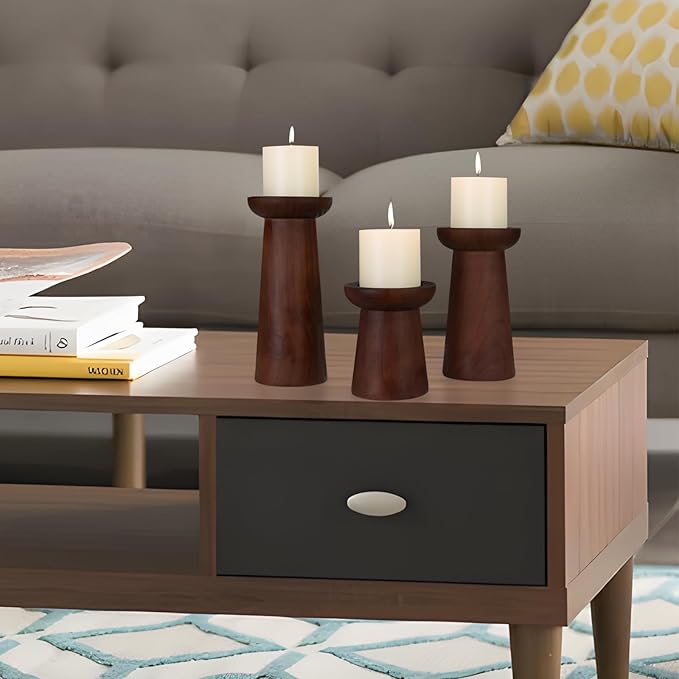 Pillar Candle Holders Set of 3， Wooden Candle Holders， Decorative Wood Candlestick Holders for Living Room, Table Centerpiece for Wedding, Christmas, Party, Home - 4", 6", 8"