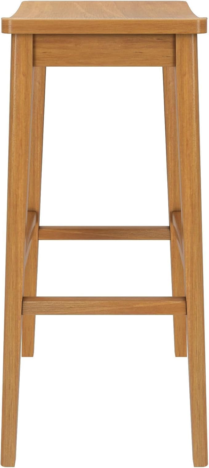 Plank+Beam Smythe Bar Stool, 30", Set of 4, Sturdy Wood Modern Kitchen Bar Height Stool, Saddle Seat Backless Bar Chair, Metal Footrest, Pecan