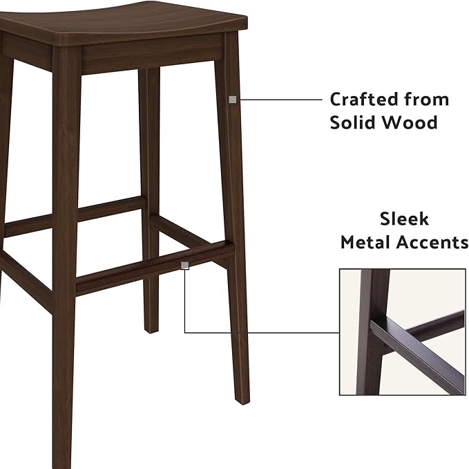 Plank+Beam Smythe Bar Stool, 30", Set of 2, Sturdy Wood Modern Kitchen Counter Height Stool, Saddle Seat Backless Counter Chair, Metal Footrest, Walnut
