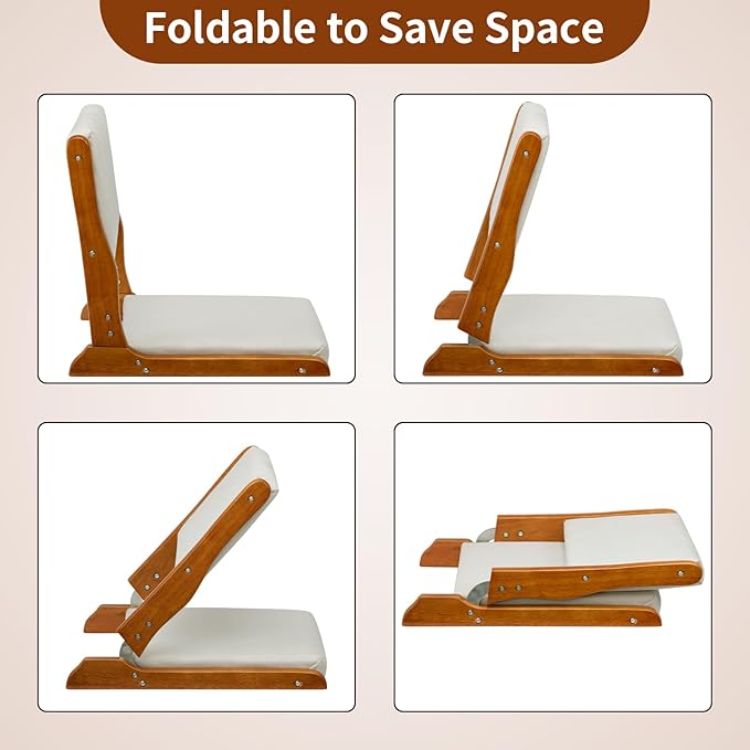 HollyHOME Floor Chair with Back Support, Foldable Japanese Style Floor Chair, Wood Legless Tatami Chair with Cushion, Accent Meditation Floor Seat for Bay Window, Living Room, Bedroom, Beige