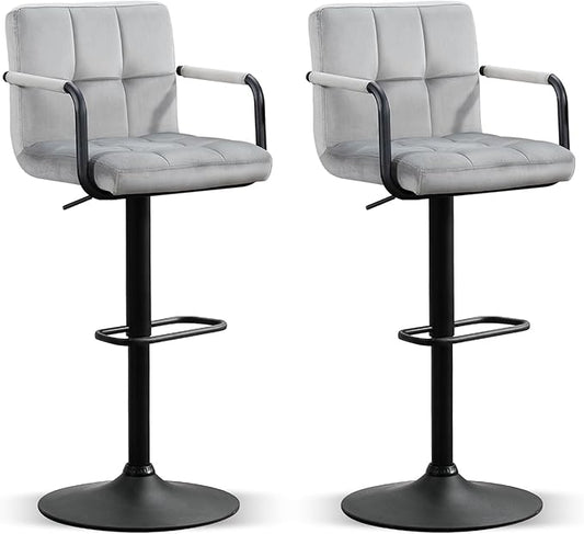 Furniliving Bar Stools Set of 2 with Armrest, Adjustable Square Velvet Barstools for Kitchen Counter, 360°Swivel Counter Barstools for Dining Room(Grey)