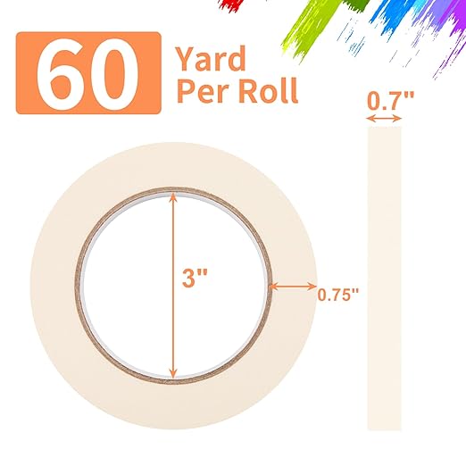 KICNIC White Masking Tape 12 Pack, General Purpose Painter's Tape 0.7inch x 60yard, 720 Yards Total, Beige Crepe Paper Tape for Painting, Labeling, Packing, Craft, Art