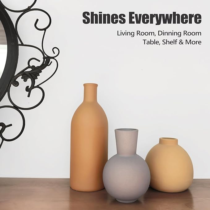 Ceramic Flower Vase Set of 3, Home Decor Vases for Centerpieces, Tulips Flowers Pampas Grass Decor, Boho Rustic Farmhouse Kitchen Bedroom Bathroom Living Room Office Wall Decor Aesthetic -Brown