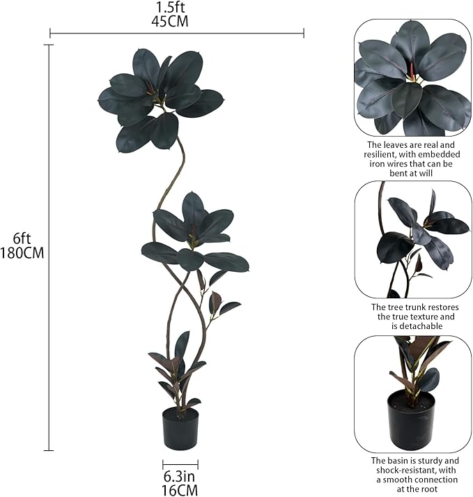 Artificial Rubber Tree Plant, 72 Inch Indoor Tree, Green with Round Planter, All Season Home Decor (Black, 6ft)