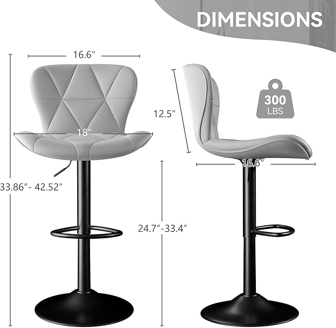 Bar Stools Set of 4,Adjustable Swivel Barstools, Faux Leather Bar Chairs,Upholstered Counter Height with High Backrest for Kitchen Island, Light Grey