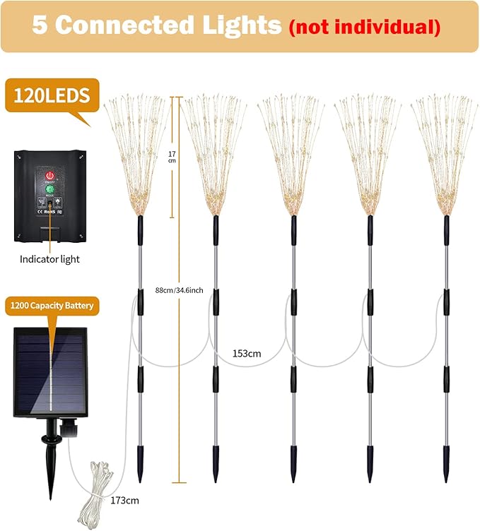 5 Pack Solar Garden Lights, Firework Outdoor Waterproof 120 LED 8 Modes with Remote Control, Decorative Solar Lights for Outside Yard (Warm White)