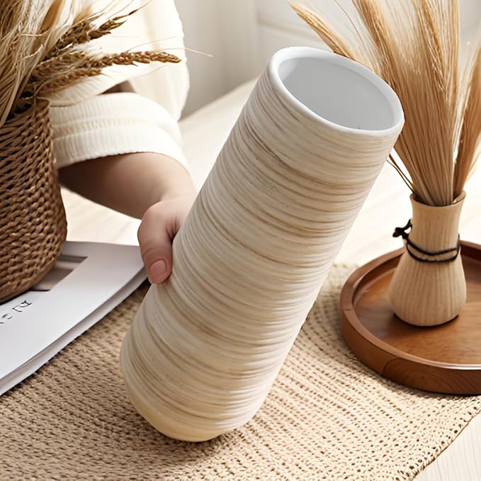 ALMA 9 Inch White Ceramic Vase for Dried Flower Bouquet, Small Cream Pampas Grass Vase for Home Decor, Beige Rustic Vase for Tabletop Centerpieces, Bookshelf, Mantle, Living Room