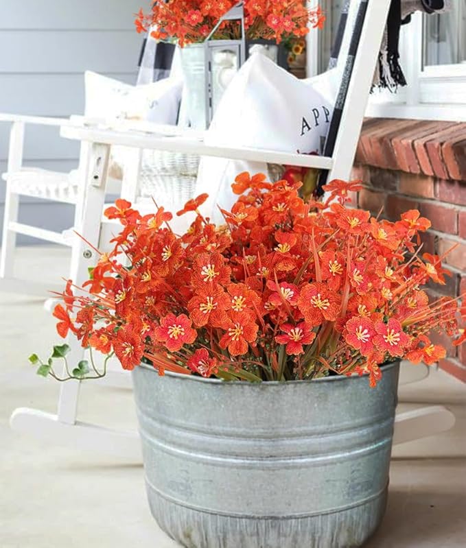 RECUTMS 8 Bundles Artificial Flowers Outdoor Faux Grasses for Outdoor Planter UV Resistant Fall Fake Plants Greenery Stems Faux Flowers Shrubs for Home Weddings Garden Office Indoor Decor(Orange)