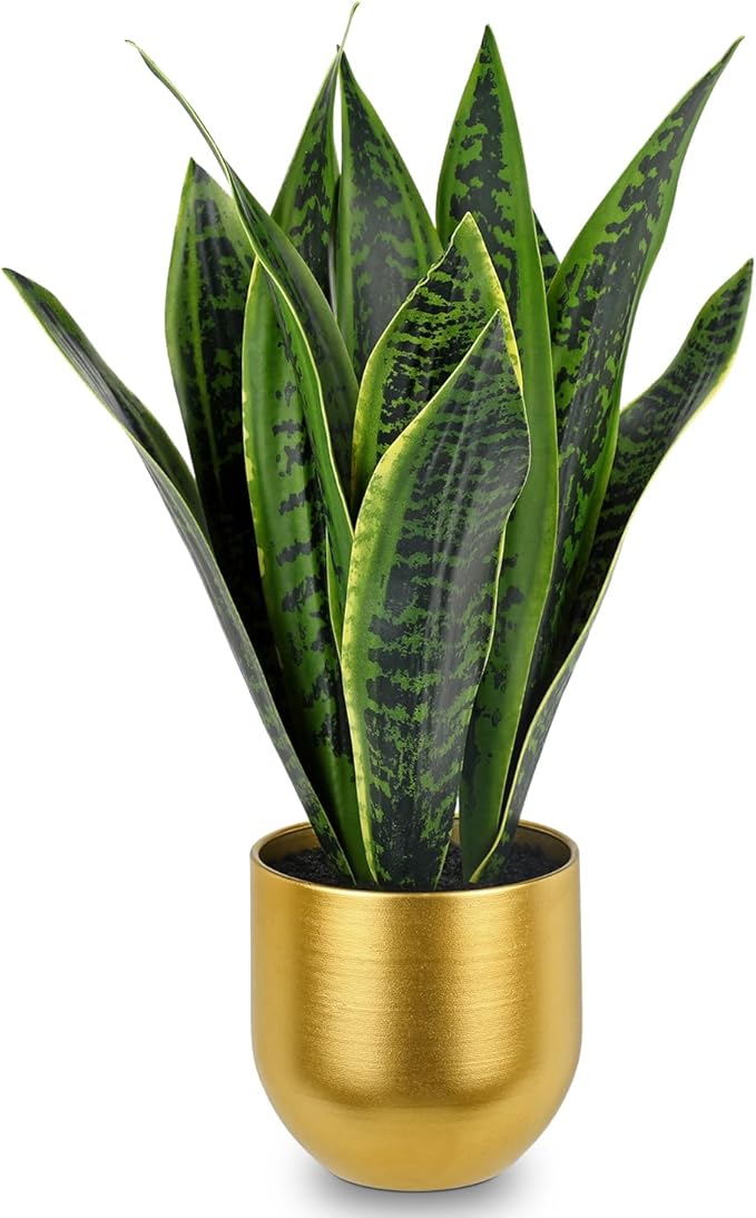 Briful Fake Plants 17" Artificial Snake Plant Faux Plants in Gold Pot Tropical Sansevieria Silk Plant Fake Potted Plants Indoor for Home Living Room Bathroom Office Housewarming Gift Decor