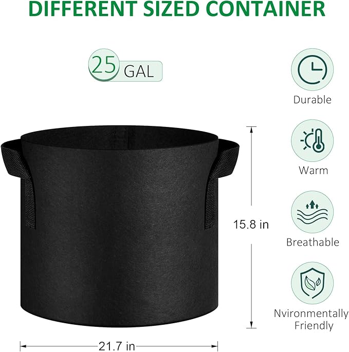 NYONG 12-Pack 25 Gallon Thickened Non-Woven Grow Bags, Aeration Fabric Pots with Handles（Black）
