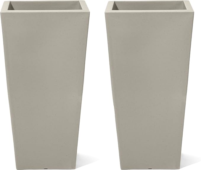Step2 Tremont Tall Square Planter Pot, Large Outside All-Season All-Weather Gardening Pot for Patio and Front Porch, Concrete, 2-Pack