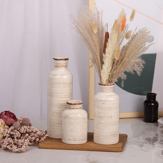 Ceramic Vase 3 Piece Set, Farmhouse Decor Ceramic Small Vases for Country Home, Decorative Vases for Centerpieces, Living Room, Table, Fireplace, Entryway and Modern Rustic Home Decor