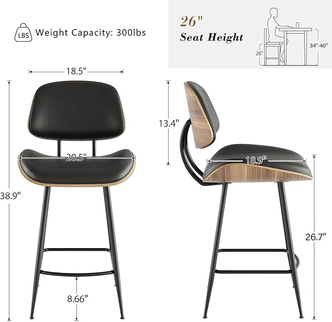 Mid Century Modern Bar Stools Set of 3, PU Leather Counter Height Stools with Walnut Bentwood Back & Metal Legs, 26.7" Barstools Kitchen Island Chairs with Footrest for Home Bars, Black