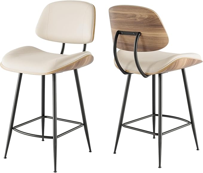 Mid Century Modern Bar Stools Set of 2, PU Leather Counter Height Stools with Walnut Bentwood Back & Metal Legs, 26.7" Barstools Kitchen Island Chairs with Footrest for Home Bars, Beige