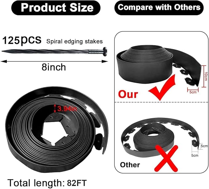 Landscape Edging 82FT, 4IN Tall Garden Edging Borders Black with 125pcs Plastic Stakes, Lawn Edging Flexible DIY Fence for Landscaping,Flower Bed,Grass,Gravel,Tree Surrounding