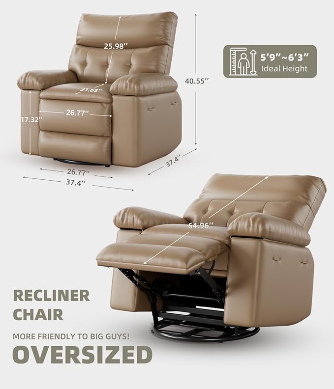 GarveeHome Recliner Chairs, Classic Manual Leather Recliner, Home Theater Seating with Lumbar & Arms Support for Living Room, Bedroom and Nursery - Coffee (Tan, Oversized)